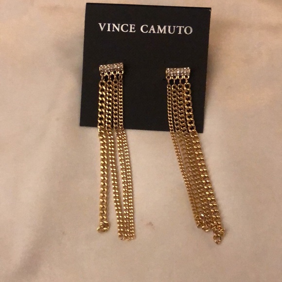 Vince Camuto Gold Tone Bar With CZ Accents & Chain Fringe Drop Earrings NWT - Picture 3 of 10